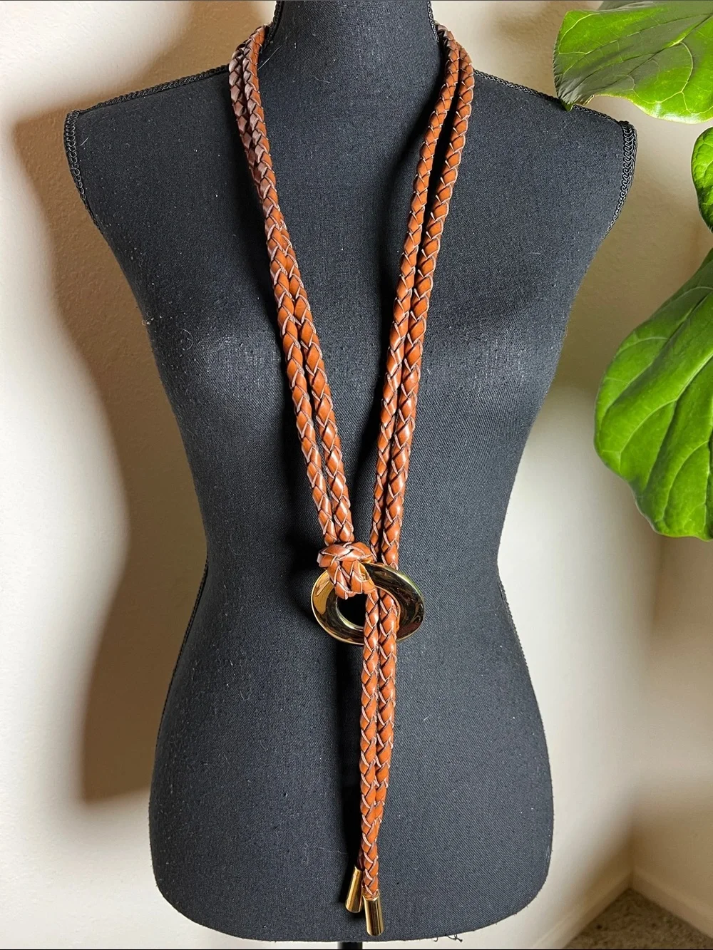 ESCADA Women’s Vintage Adjustable Braided Leather Goldtone O-Ring Belt